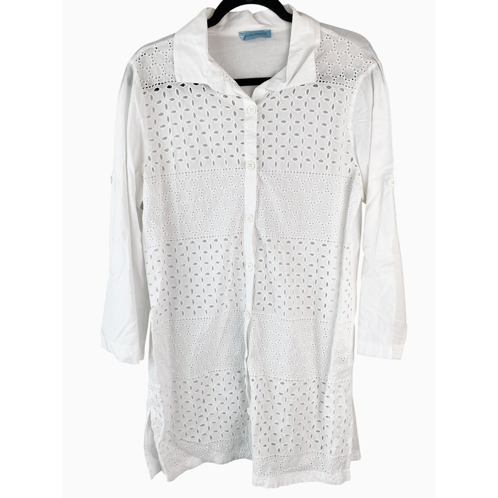 Ellen Weaver‎ Eyelet Cotton Cover Up M/L White Roll Tab Tunic Coastal Resortwear